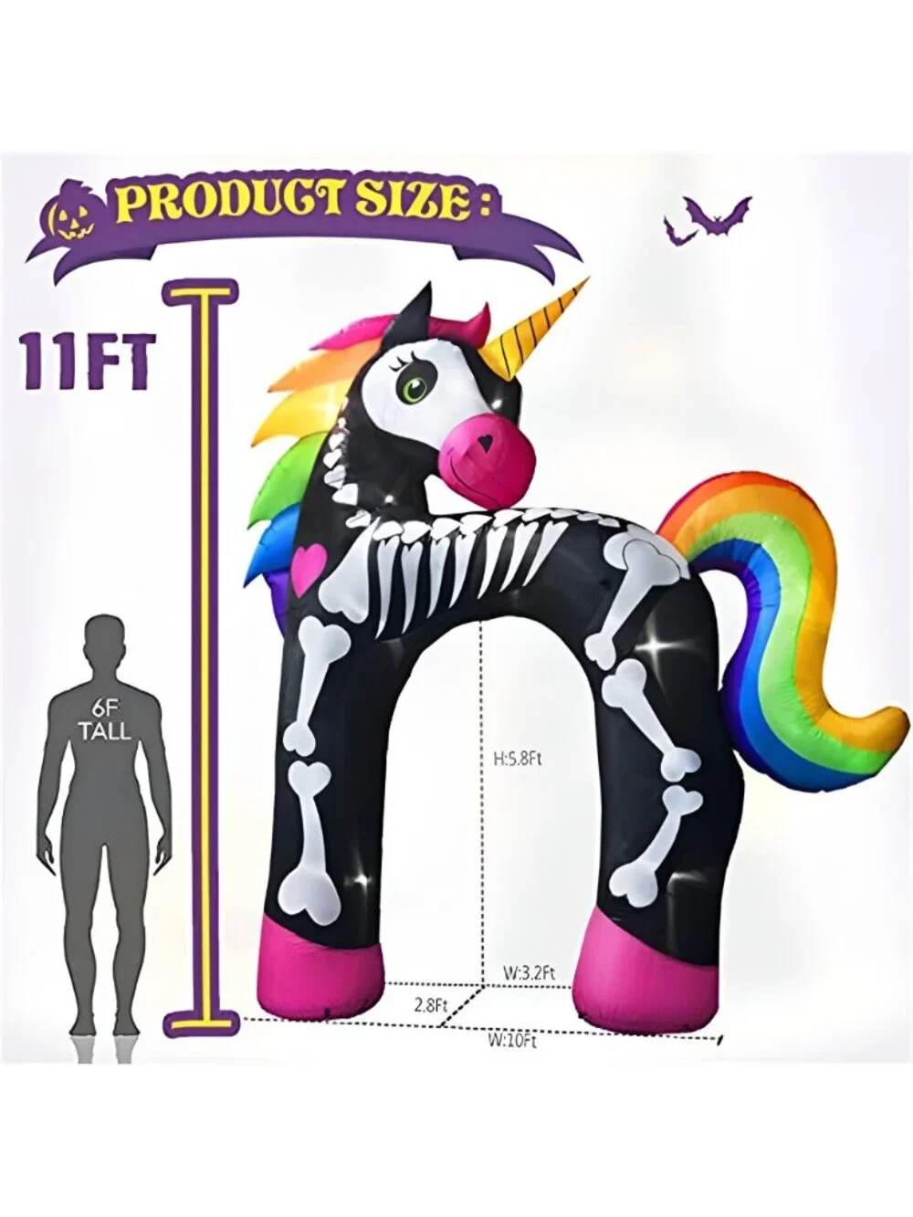 11FT Giant Halloween Inflatables Arch, Rainbow Skeleton Unicorn Decoration